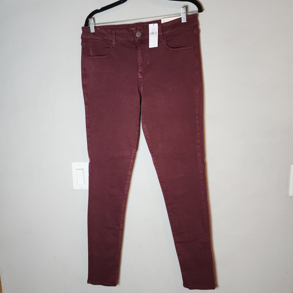 NWT AE 14 X-Long Burgundy Maroon Jegging Skinny Jeans Stretch Denim